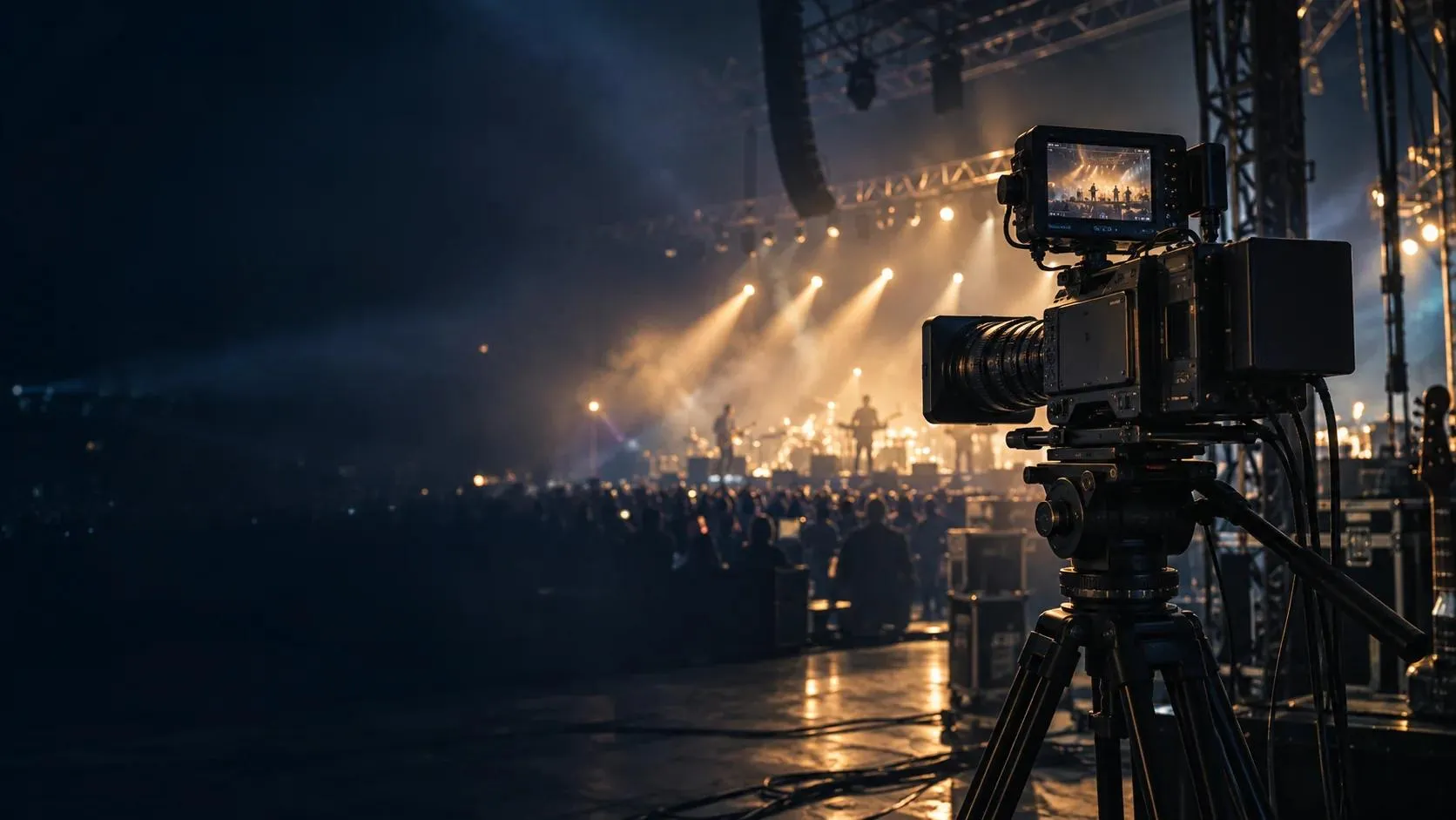 Broadcast camera beside a concert stage